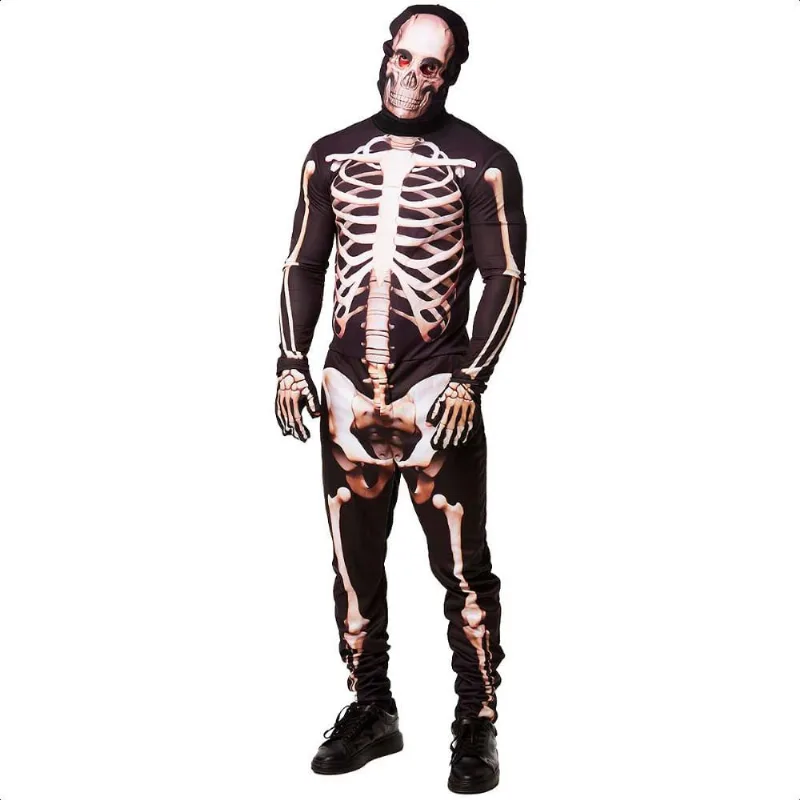 Fantasia de Halloween Adulta Masculino Luxo Esqueleto Com Máscara e Luvas M / Preto