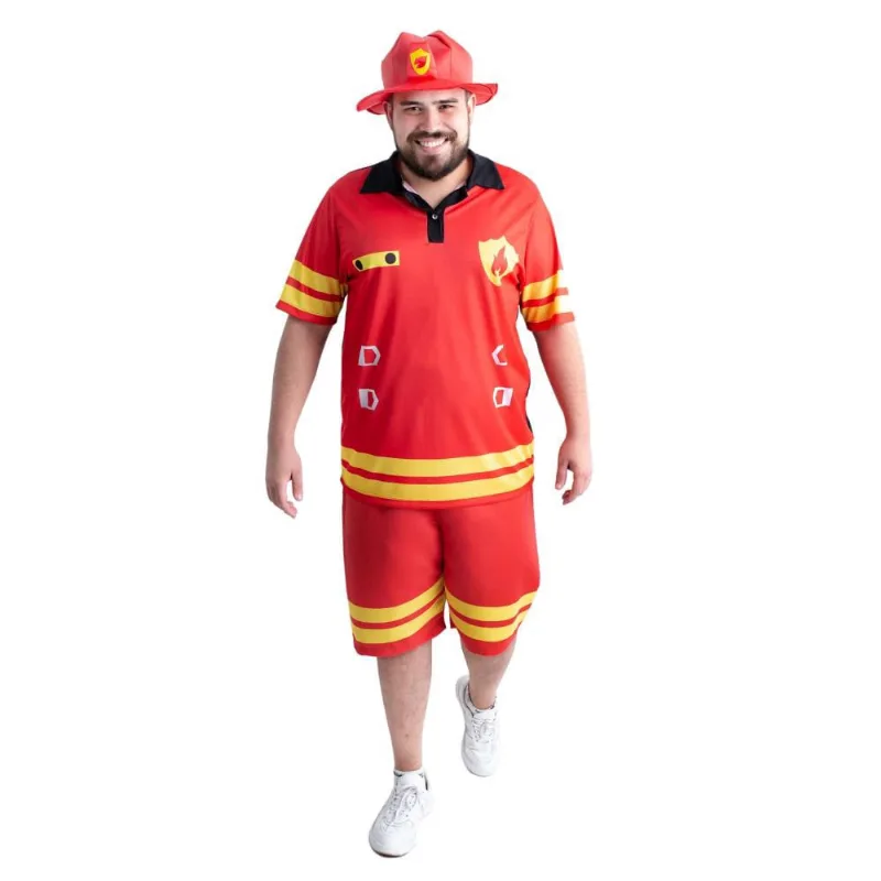 Fantasia de Bombeiro Plus Size Masculino Adulto Com Chapéu