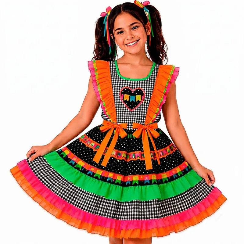 Vestido Festa Junina Infantil Xadrez pra Quadrilha São João - M 5 - 8 Vestido Festa Junina Infantil Menina Xadrez Quadrilha São João M / Verde
