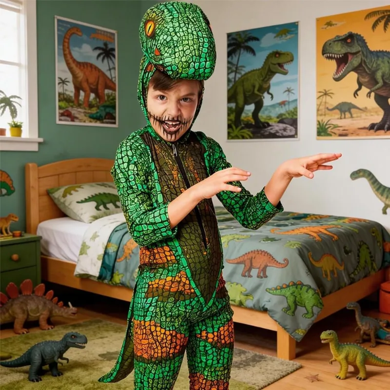 Fantasia Infantil Dinossauro Rex Lagarto Kigurumi Criança G / VERDE
