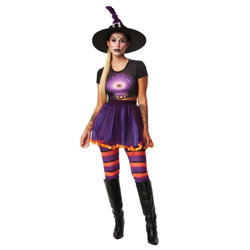 Fantasia Halloween Bruxa Feminina Lilás Cropped c/ Saia Roxa