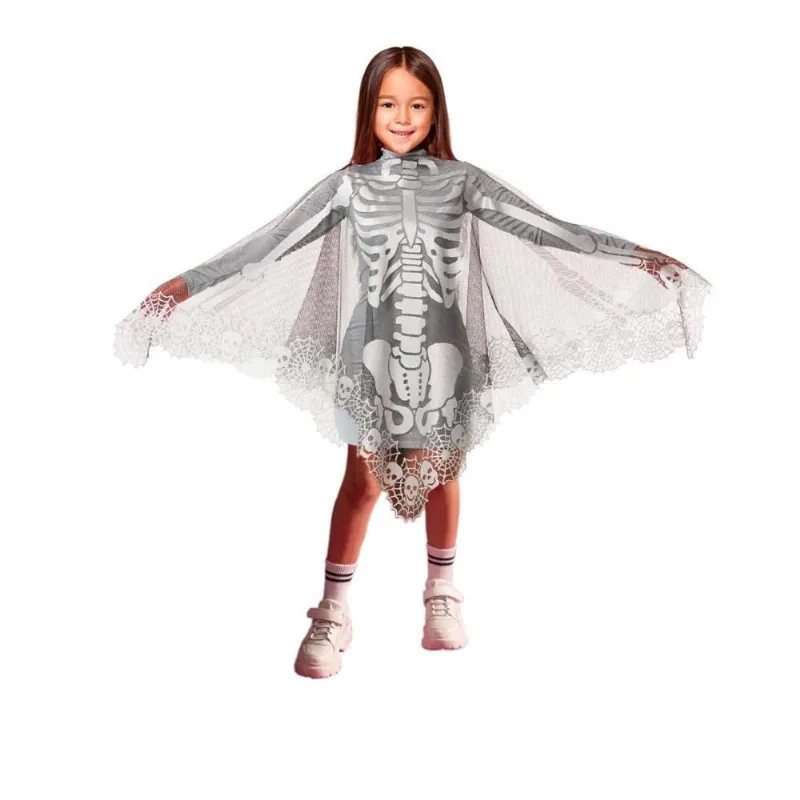 Fantasia Halloween Infantil Menina Poncho Esqueleto Skull Maravilhoso