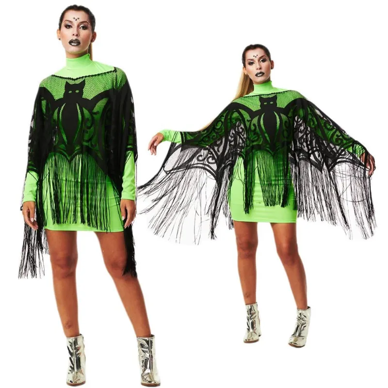 Fantasia Halloween Feminina Poncho Preto Com Franja de Morcego Maravilhoso