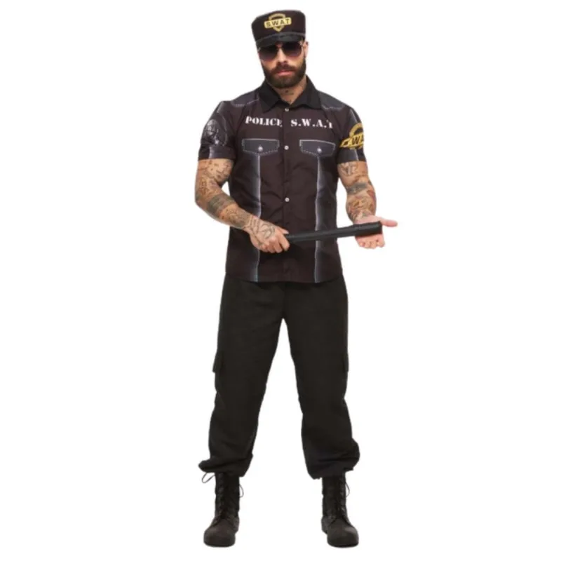 Fantasia Carnaval Policial swat Masculina Adulta Com Quepe