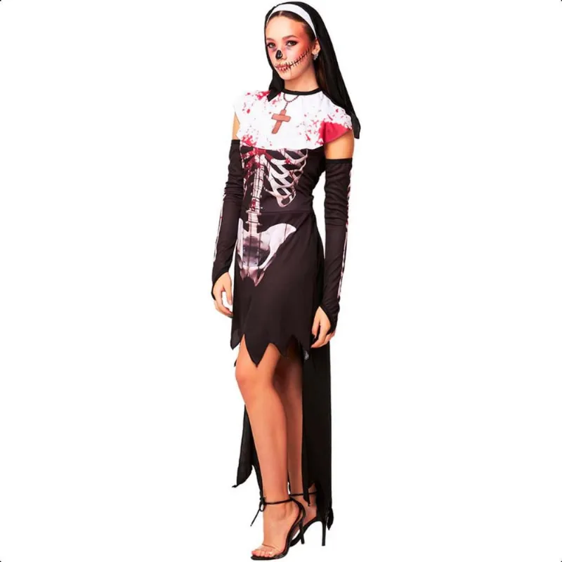 Fantasia Halloween Freira Terror Adulta Feminina Com Véu Preto