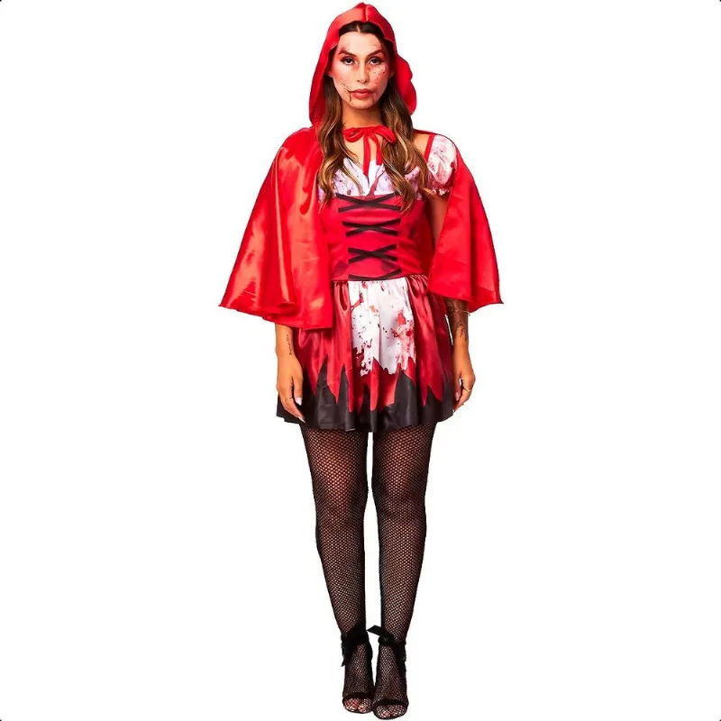 Fantasia Halloween Feminina Chapeuzinho Vermelho Adulta Zumbi Sangrenta Com Capuz P / Vermelho