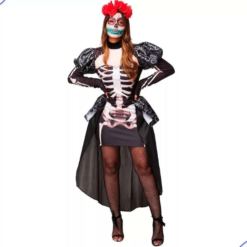 Fantasia Halloween Feminina Rainha Caveira Mexicana de Luxo Preto