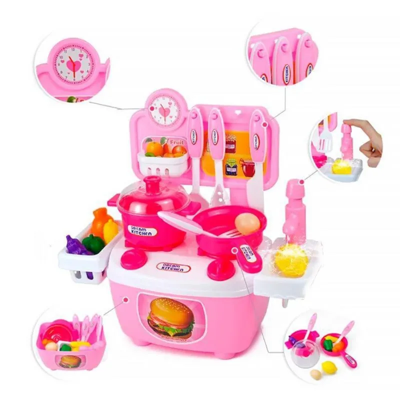 Cozinha Brinquedo Realista Completa Sistema Água Rosa 14Pcs