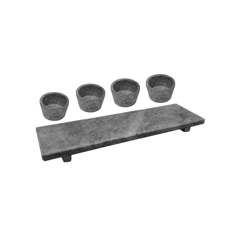 Kit Tabua Gourmet 30x10cm e 4 Molheiras 80ml em Pedra Sabão