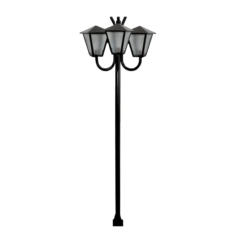 Poste Braço Curvo Luminária Romana Tripla Jardim Preto 300cm - Ouro Minas