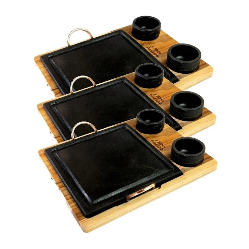 Kit 3 Grelhas 06 Molheiras em Pedra Sabão Antiaderente para Churrasco 25x25cm Industria São Jose