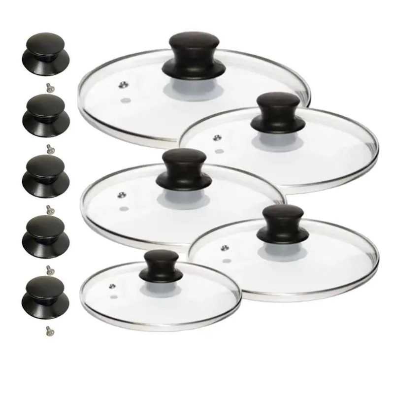 Kit Tampas de Vidro Temperado 16cm a 24cm com Puxadores Extras para Cozinha
