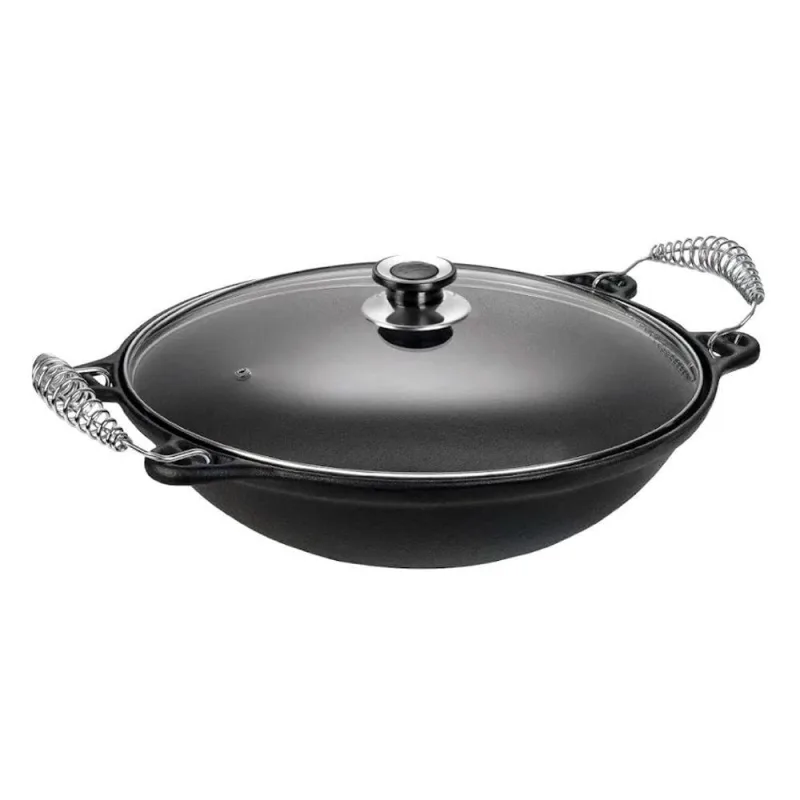 Panela Wok Alça Espiral Ferro Fundido 6L 36CM Tampa Vidro Temperado Preto Panela Mineira - Panela Mineira - Utilidades Domesticas