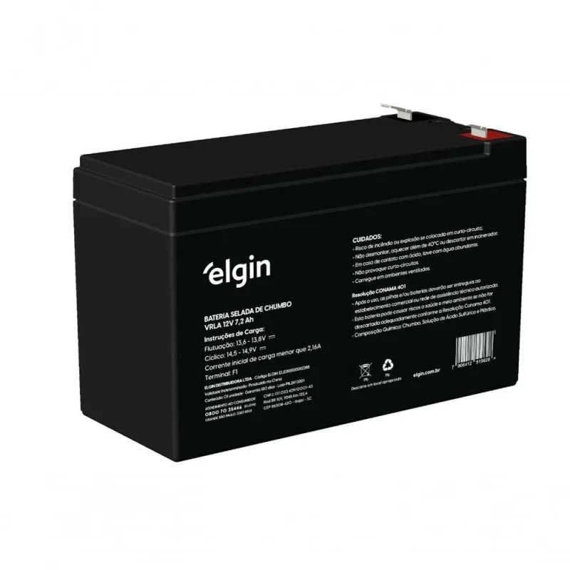 Bateria Chumbo VRLA Elgin Terminal F187 para Nobreaks Selada AGM 7,2AH 12V - Elgin - Câmeras E Drones