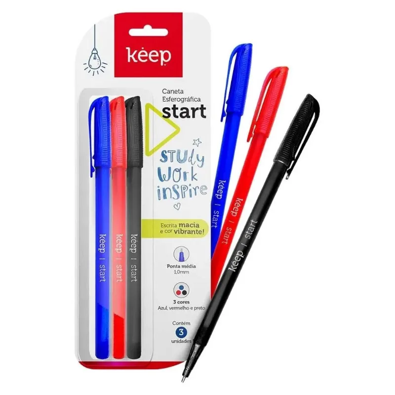 Caneta Esferográfica Keep Ponta Média 1.0MM 3 Cores Blister 3 Unidades EI095 (MP)