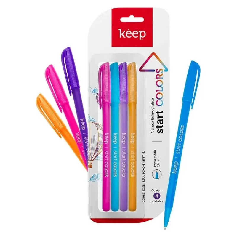 Caneta Esferográfica Keep Ponta Média 1.0MM 4 Cores Blister 4 Unidades EI097 (MP)