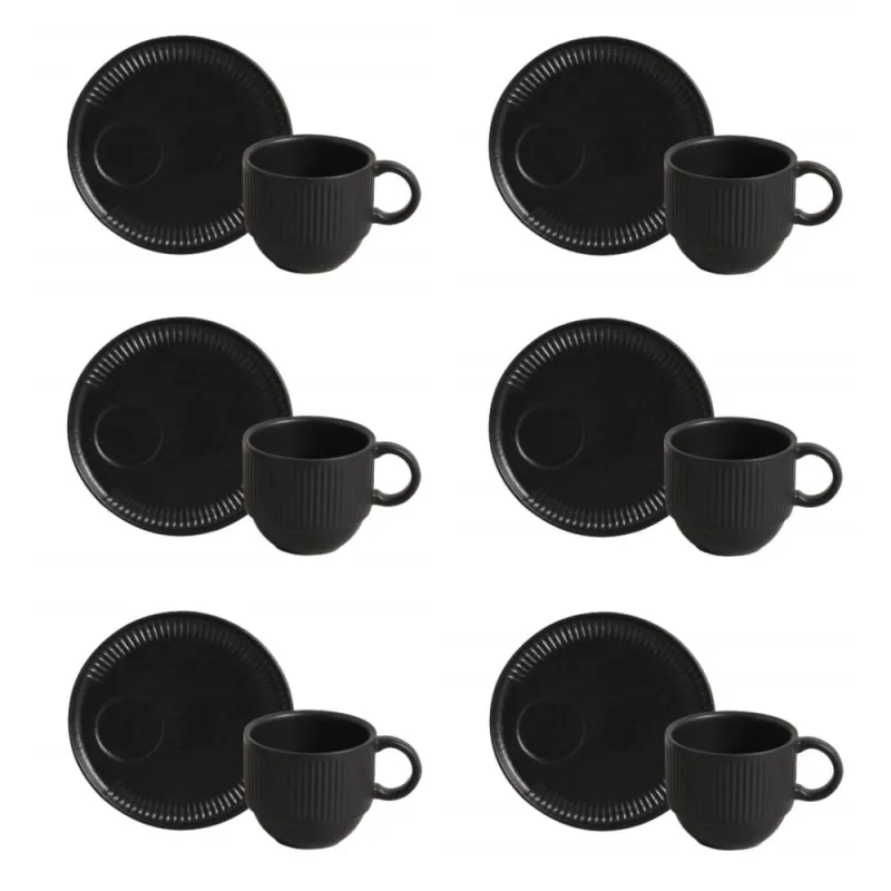 Conjunto de Xícara de Chá Empilhável com Pires 06 Peças Linhas Preto Matte Porto Brasil - Porto Brasil - Utilidades Domesticas