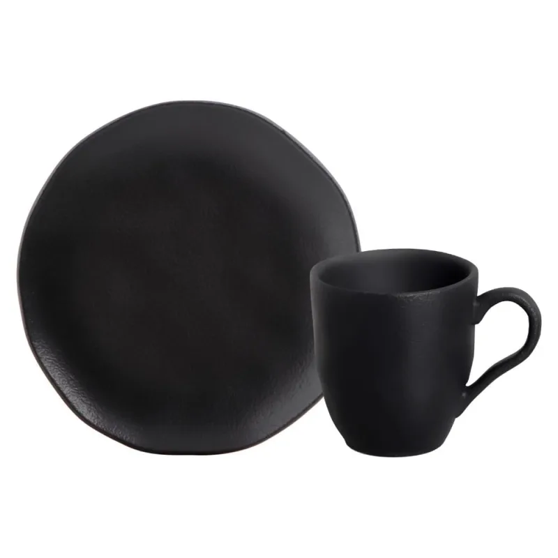 Kit Lanche Orgânico com 2 Pratos de Sobremesa e 2 Canecas 273 Preto Matte - Porto Brasil Cerâmica - Utilidades Domesticas