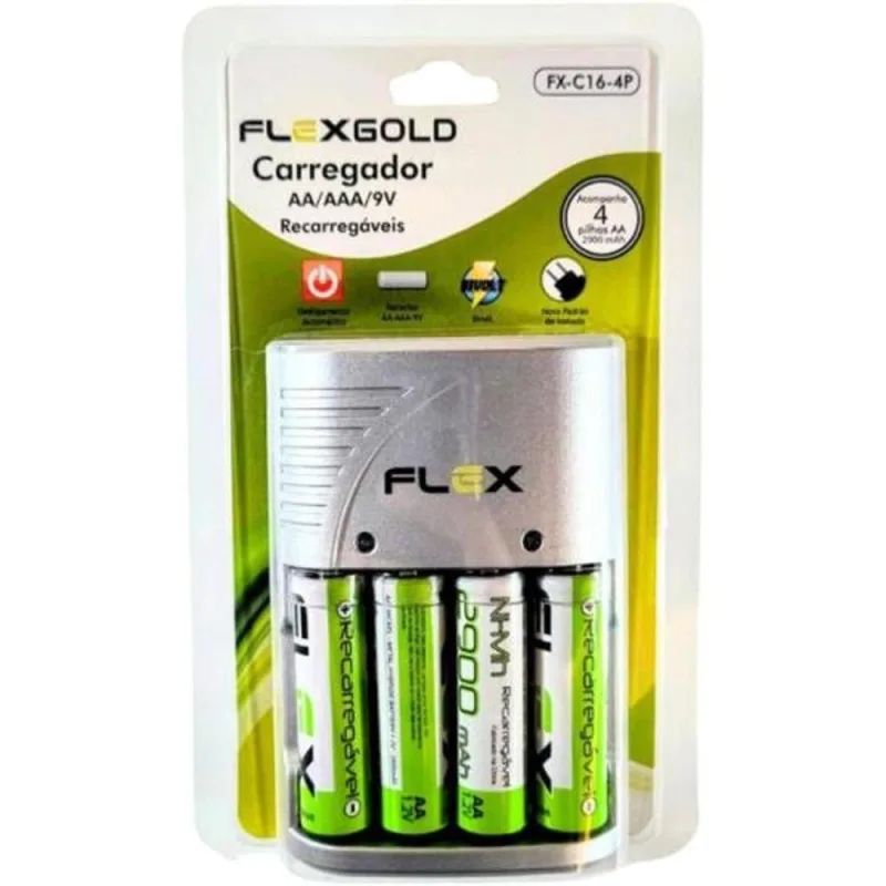 Carregador de Pilhas 2 Flex FXC164P para AA AAA 9V com Desligamento Automático Cinza com 4 Pilhas AA - OUTRAS
