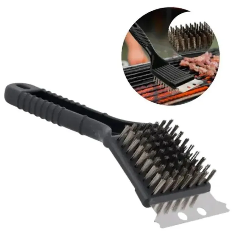 Escova para Limpeza de Grelha e Churrasqueira 2 em 1 Cerdas e Raspador Aço Inox Uso Profissional