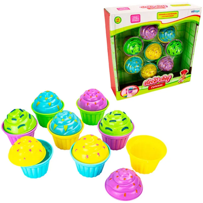 Kit cozinha infantil com cupcake doce chef 8 pecas na caixa