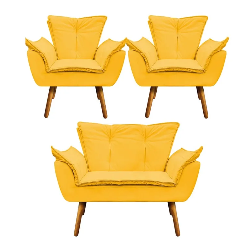 Namoradeira e 2 Poltronas Pé Palito Castanho Opala Corino D03 - D'Rossi Amarelo