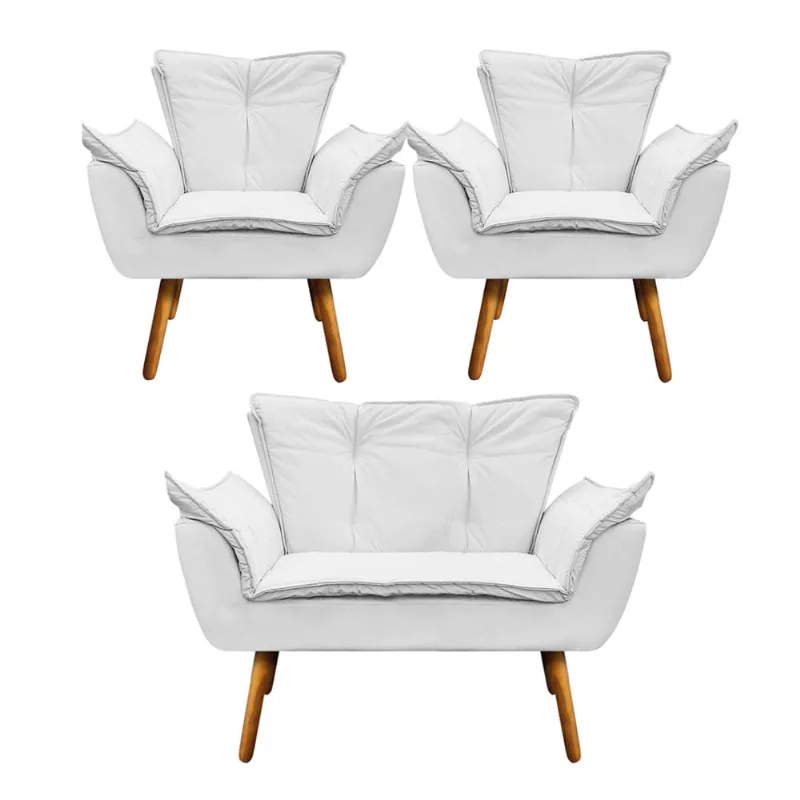 Namoradeira e 2 Poltronas Pé Palito Castanho Opala Corino D03 - D'Rossi Branco