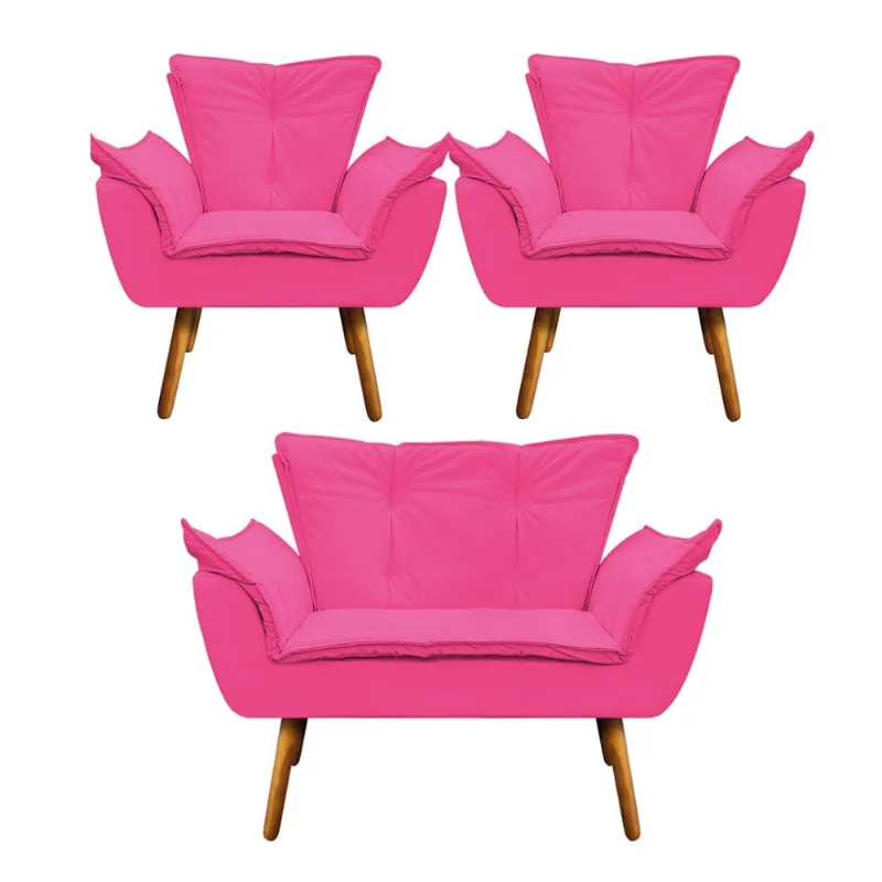 Namoradeira e 2 Poltronas Pé Palito Castanho Opala Corino D03 - D'Rossi Pink