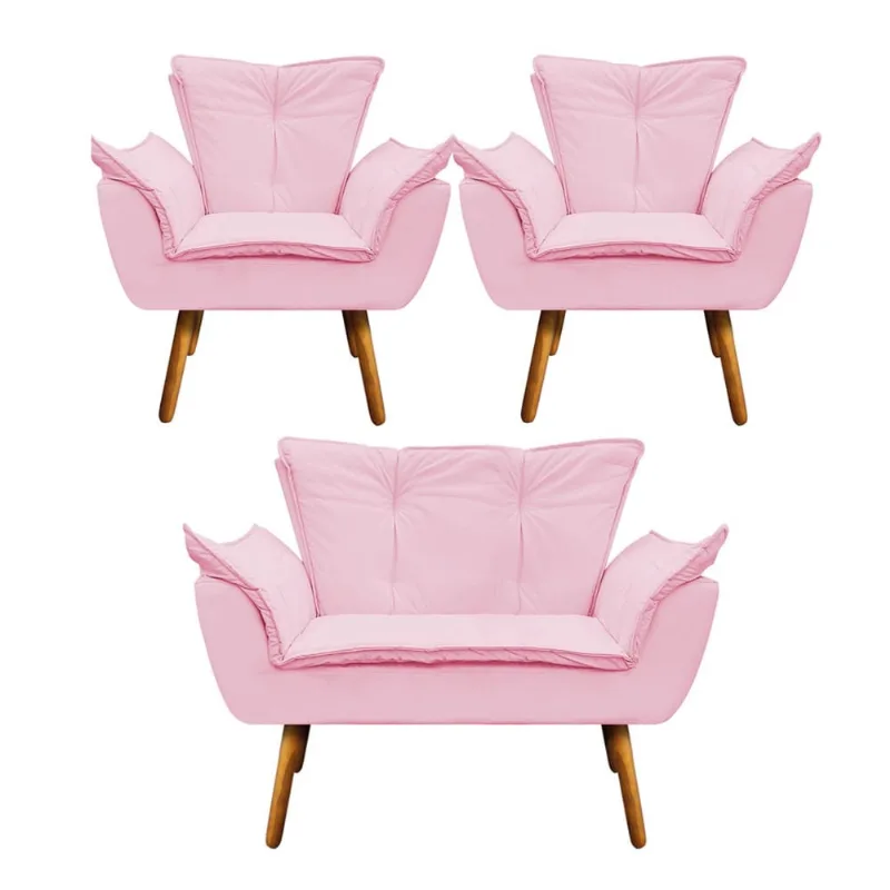 Namoradeira e 2 Poltronas Pé Palito Castanho Opala Corino D03 - D'Rossi Rosa Bebê