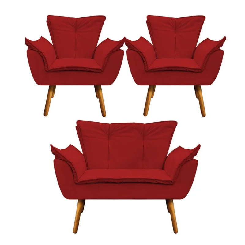 Namoradeira e 2 Poltronas Pé Palito Castanho Opala Corino D03 - D'Rossi Vermelho