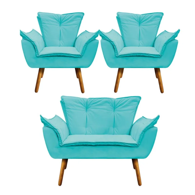Namoradeira e 2 Poltronas Pé Palito Castanho Opala Corino D03 - D'Rossi Azul Turquesa