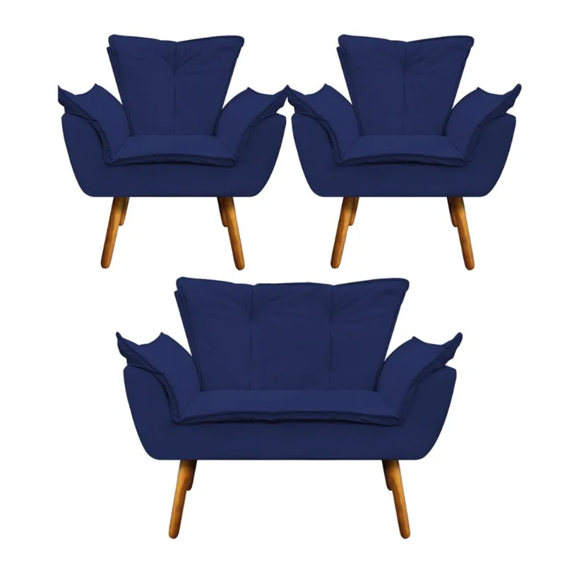 Namoradeira e 2 Poltronas Pé Palito Castanho Opala Corino D03 - D'Rossi Azul Marinho