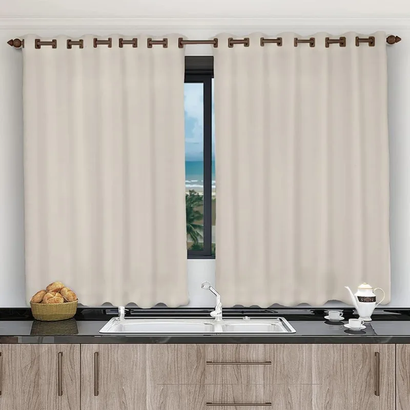 Cortina Para Cozinha Voil Bege 2,80X1,20 Forro Microfibra