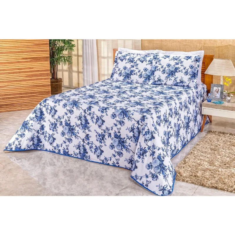 Cobre Leito Colcha Piquet Algodão Azul Cama Casal Padrão