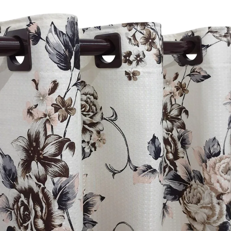 Cortina Bege Tecido Piquet Floral 6,00X2,50 Sala Quarto