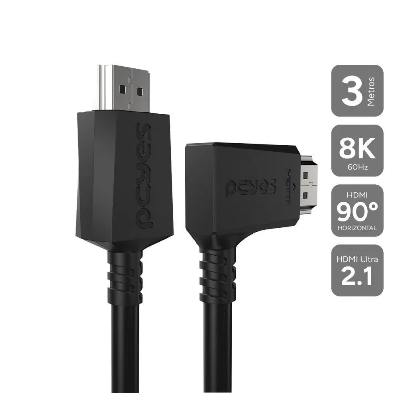 Cabo HDMI 2.1 Ph21-3h-a 8K 60HZ com Conector 90º Horizontal 3M Preto Pcyes - pcyes - Agro