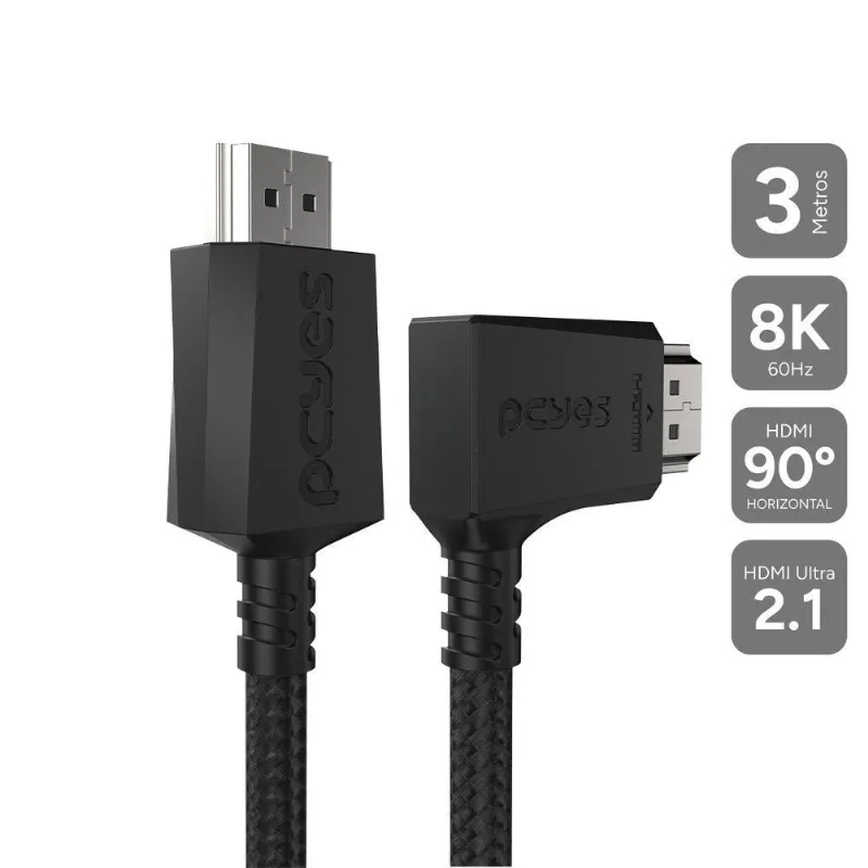 Cabo HDMI 2.1 Phm21-3hnp 3M Conector 90º Horizontal Suporte 8K 60HZ Preto Pcyes