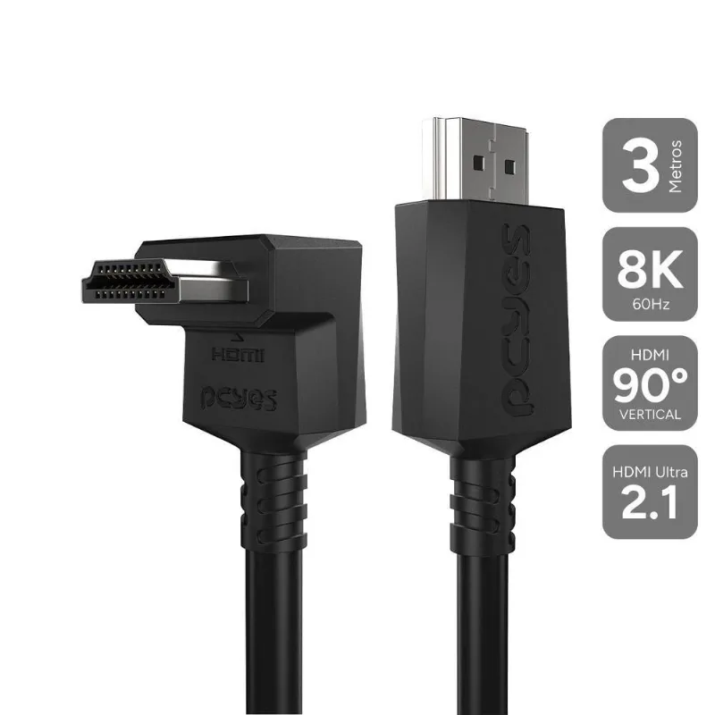 Cabo HDMI Ph21-3V-E 2.1 com Suporte 8K 60HZ e Conector 90º Vertical Preto Pcyes