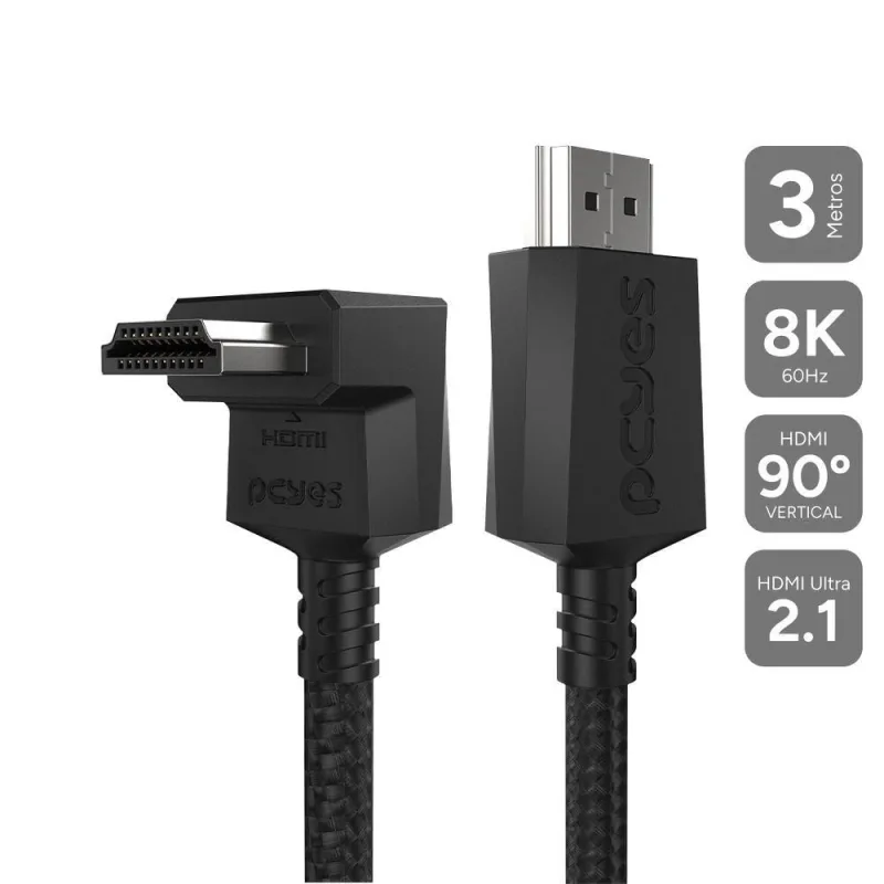 Cabo HDMI 2.1 PH21-3VNP-F 3M com Conector 90º Vertical para Vídeo 8K Preto Pcyes - pcyes - Agro