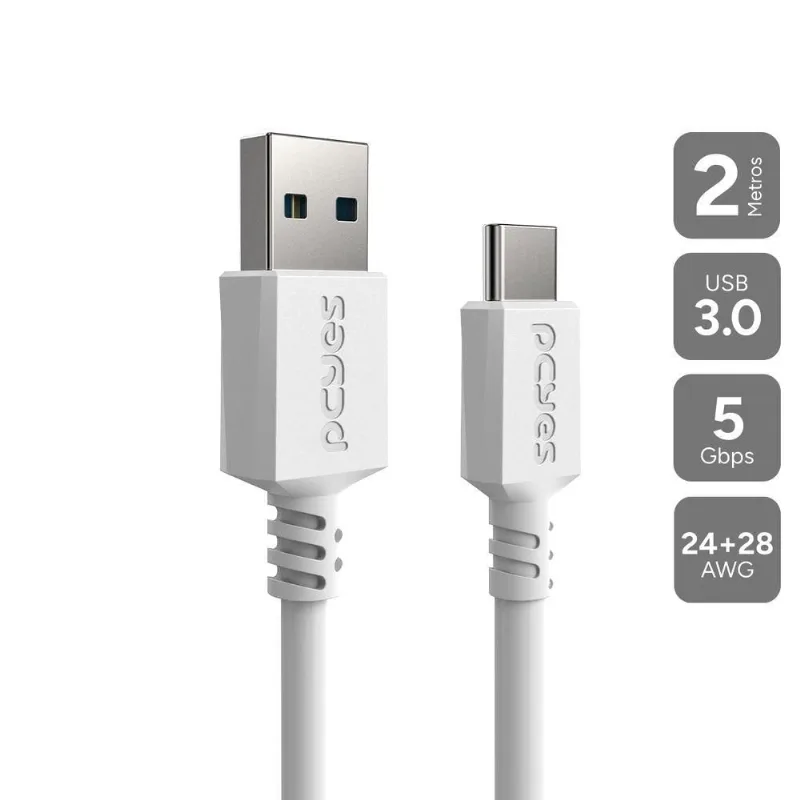 Cabo USB a 3.0 PUCAP3-2B para USB Tipo-C 3M Taxa de Transferência 5GBPS Branco Pcyes