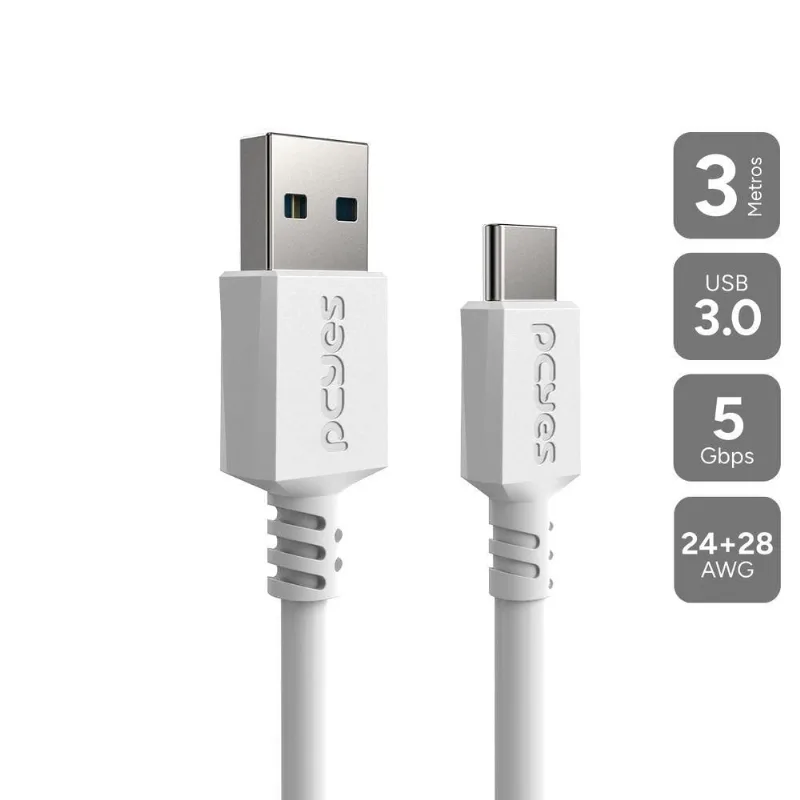Cabo USB a 3.0 para USB Tipo-C PUCAP3-3B 3 METROS 5V 3A Branco Pcyes
