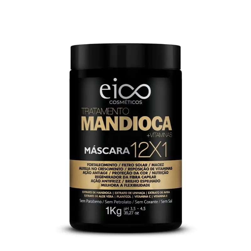 Máscara de Tratamento Reconstrução e Crescimento 1kg Eico Mandioca 12x1 Vitaminas Eico Tratamento Mandioca 12x1? Máscara de Tratamento Capilar - 1kg