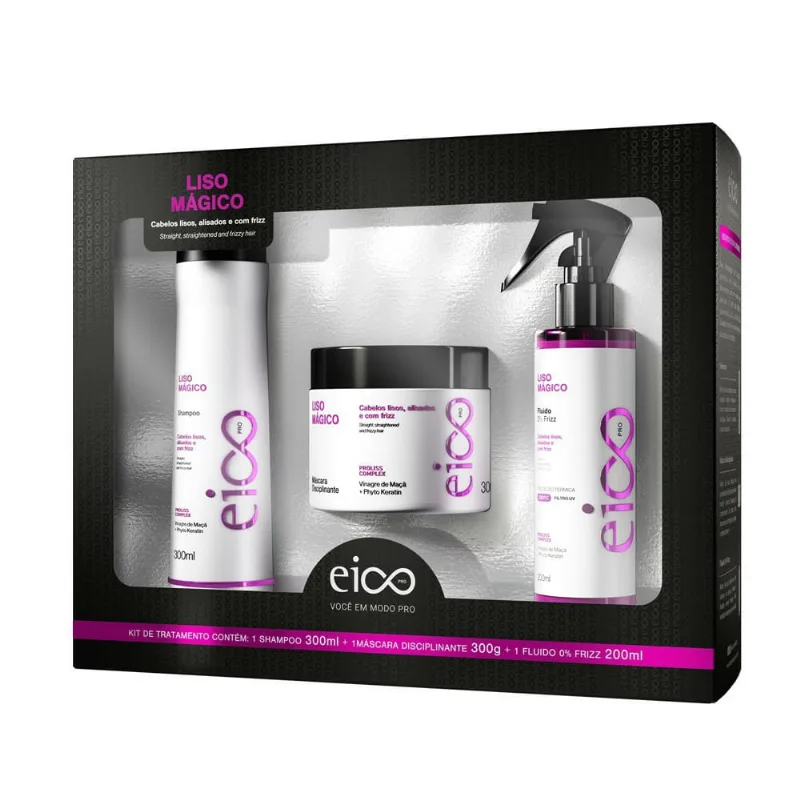 Kit Eico Pro Liso Mágico Shampoo 300ml + Máscara Disciplinante 300g + Fluido 0% Frizz 200ml
