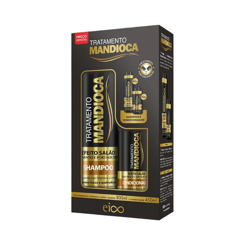 Kit Eico Shampoo 800ml + Condicionador 450ml Efeito Salão Mandioca