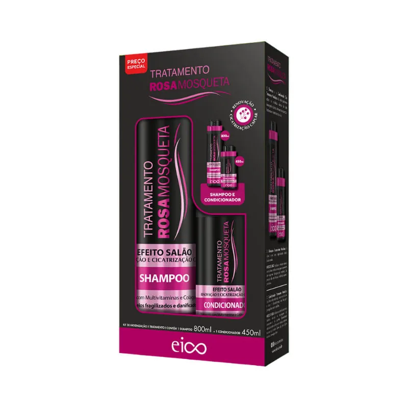 Kit Eico Shampoo 800ml + Condicionador 450ml Efeito Salão Rosa Mosqueta