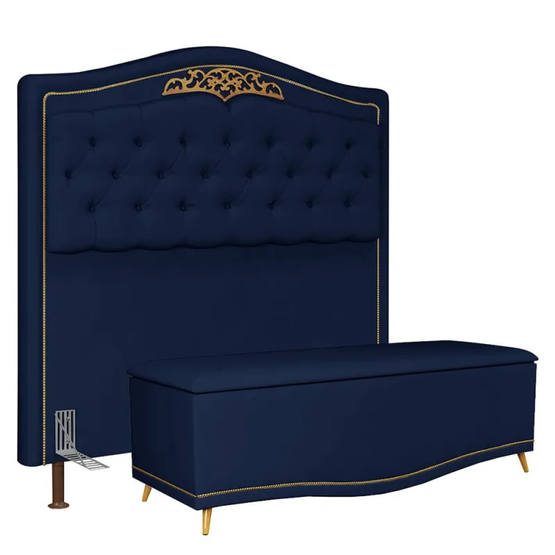 Cabeceira Cama Box Casal 140cm Com Calçadeira Baú Imperial Veludo J02 Azul - Mpozenato - Não Disponível - Móveis