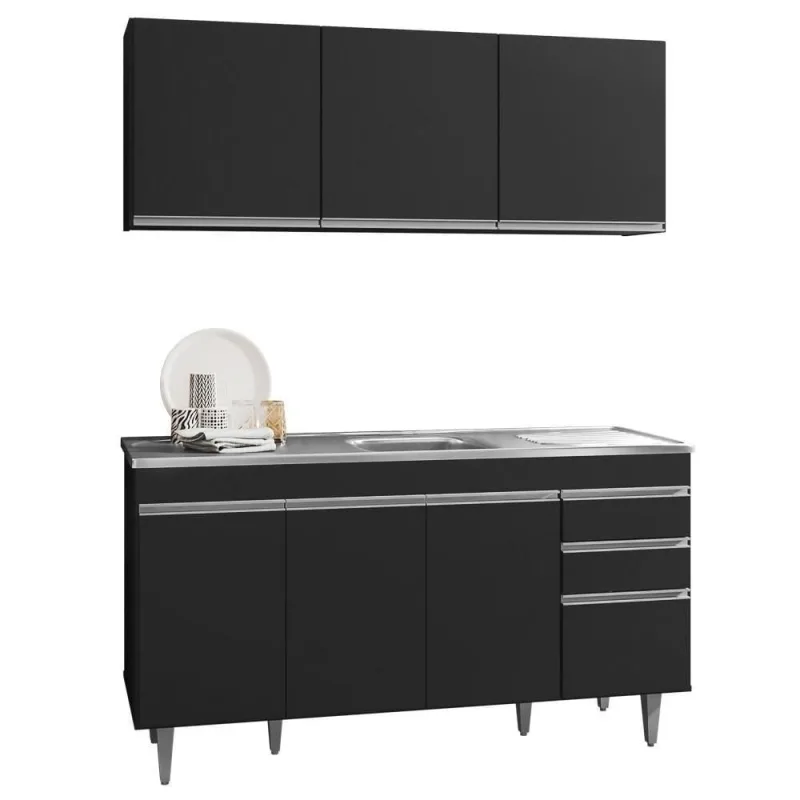 Armário Aéreo Argélia E Balcão Gabinete Com Pia Inox Marrocos 150cm Preto - Lumil Móveis - OUTRAS - Agro