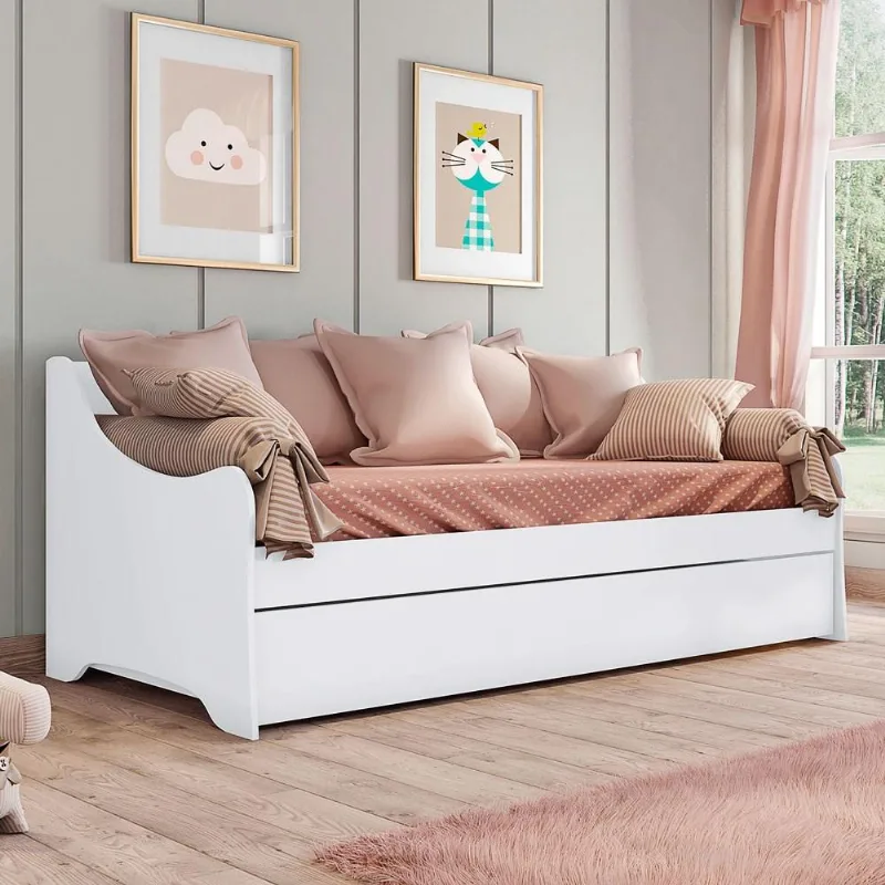 Bicama Sofá Infantil de Babá com Cama Auxiliar MDF M08 Emy Branco Acetinado - Mpozenato