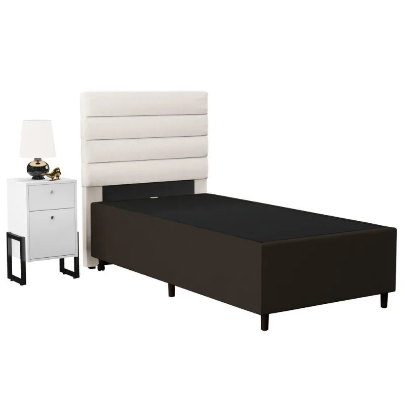 Cabeceira com Base Box Solteiro 88cm e Mesa de Apoio Hit DIF5 Linho Cru/Suede Marrom - Mpozenato