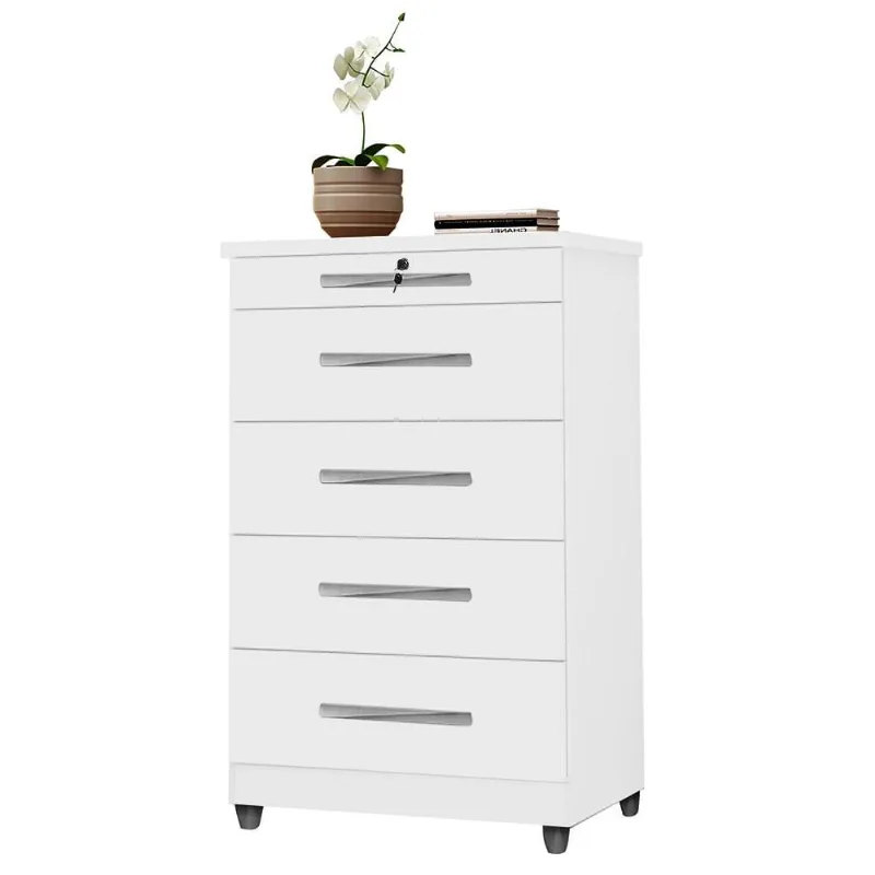 Cômoda para Quarto 68cm 5 Gavetas com Chave Emas Branco Luxo - Móveis Primus